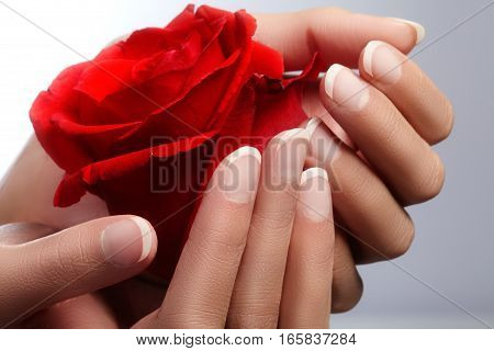 Beautiful female arms with ideal french manicure on black background. Care about female hands healthy soft skin. Spa and cosmetics. Beauty care. Close-up of beautiful famele fingers with nails polish