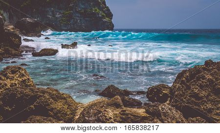Ocean Waves on Tembeling Coastline at Nusa Penida island, Bali -Indonesia
