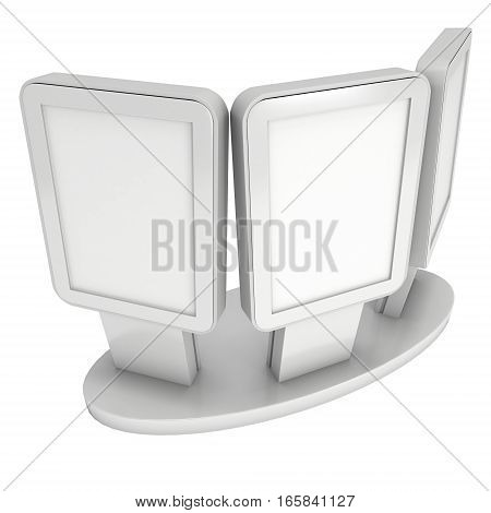 LCD Screen Stand. Blank Trade Show Booth. 3d render of lcd tv isolated on white background. High Resolution. Ad template for your expo design.