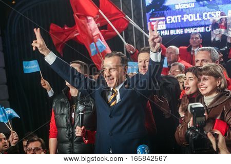 Bucharest Romania December 6 2009: The former Foreign Minister Mircea Geoana reacts after the first exit polls of presidential elections in Romania.