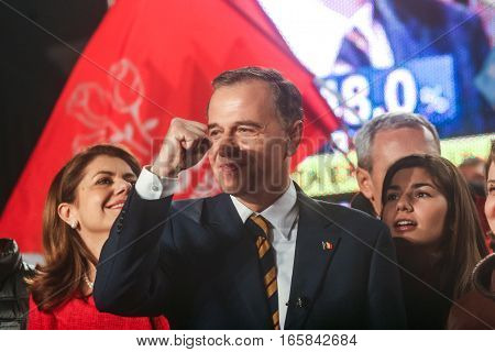 Bucharest Romania December 6 2009: The former Foreign Minister Mircea Geoana reacts after the first exit polls of presidential elections in Romania.