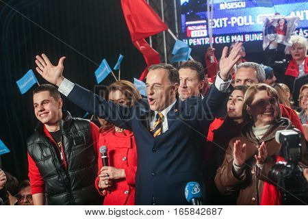 Bucharest Romania December 6 2009: The former Foreign Minister Mircea Geoana reacts after the first exit polls of presidential elections in Romania.
