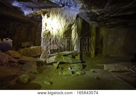 Old abandoned flooded limestone mine Gurievsky in Byakovo, Tula Region