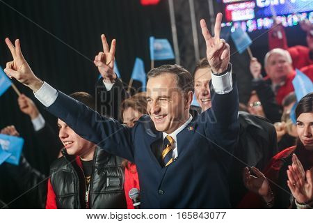 Bucharest Romania December 6 2009: The former Foreign Minister Mircea Geoana reacts after the first exit polls of presidential elections in Romania.