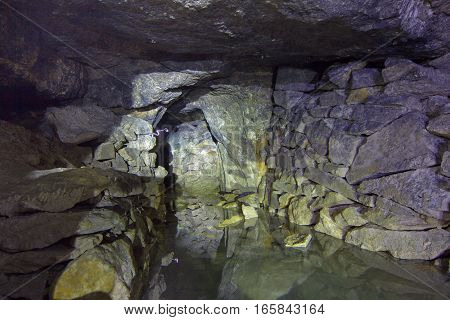 Old abandoned flooded limestone mine Gurievsky in Byakovo, Tula Region