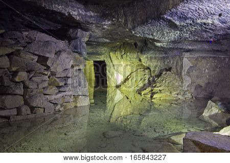 Old abandoned flooded limestone mine Gurievsky in Byakovo, Tula Region