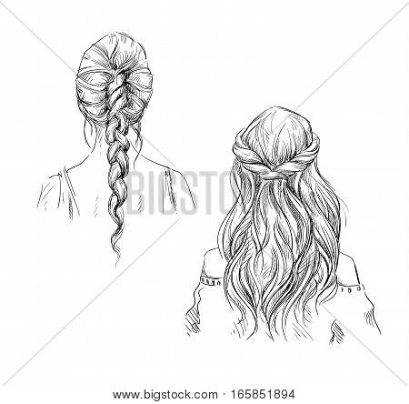 Braids. Hairstyle. Vector fashion illustration, hand drawn