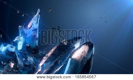Piece of ice on dark blue background illuminated blue volume light. 3d rendering