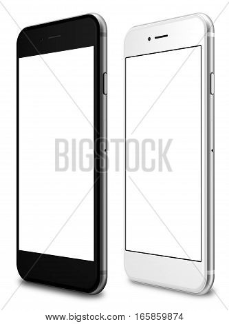 Set of white and black smartphone with a blank screen on a white background. 3d rendering.