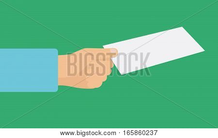 Hand with a flyer for business identification cards samples promotion advertisement banner. Flat vector illustration