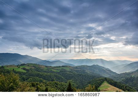 Mountain landscape at sunset. Carpathian Mountains Mizhhiria Ukraine.