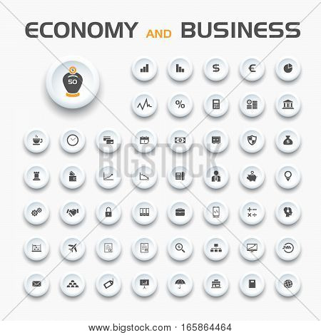 Economy and business icons on buttons and white background