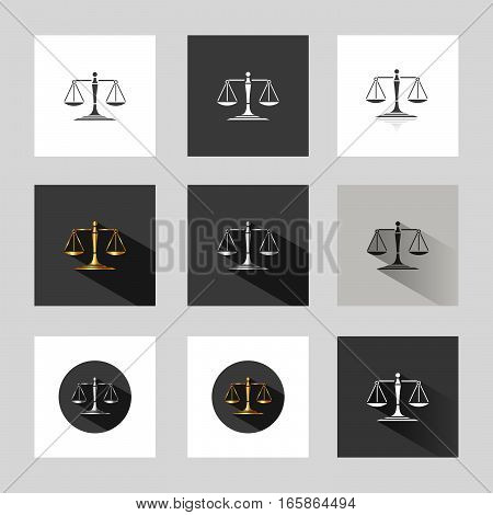 Scales of justice in different versions on grey background