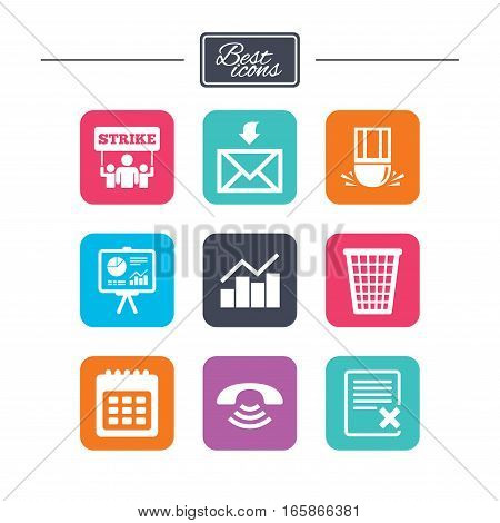 Office, documents and business icons. Call, strike and calendar signs. Mail, presentation and charts symbols. Colorful flat square buttons with icons. Vector