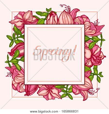 Spring! Postcard with flowers Amaryllis, Hippeastrum and succulents Crassula. Square composition. Invitation, congratulation card. Lettering. Template for your design. Hand drawn. Vector illustration.
