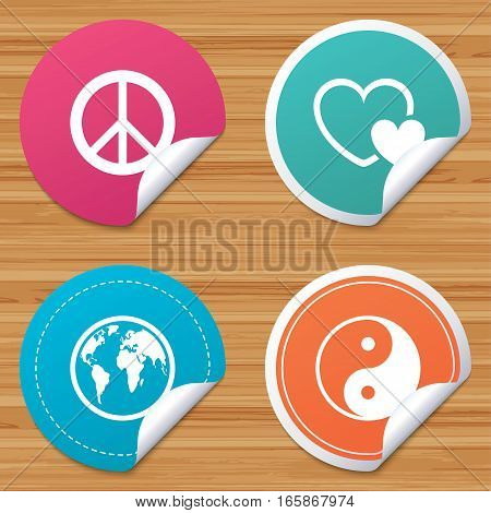 Round stickers or website banners. World globe icon. Ying yang sign. Hearts love sign. Peace hope. Harmony and balance symbol. Circle badges with bended corner. Vector