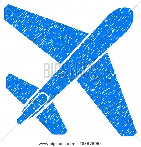 Jet Airplane grainy textured icon for overlay watermark stamps. Flat symbol with unclean texture. Dotted vector blue ink rubber seal stamp with grunge design on a white background.