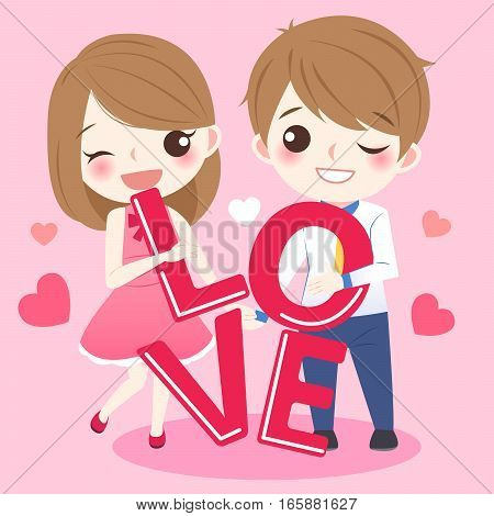 cute cartoon couple take love word and smile happily