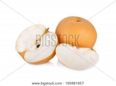 whole and cut snow pear or Fengsui pear on white background