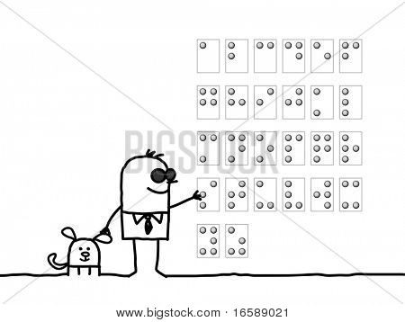håndtegnede tegneseriefigurer - blind mand læser Braille alfabet