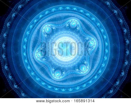 Blue glowing artificial intelligence or multidimensional space mandala gate computer generated abstract background 3D render
