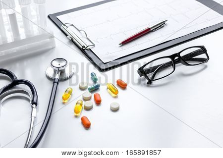doctor desktop with test tubes in lab no one.