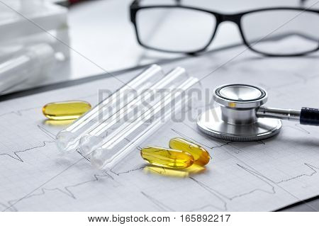 doctor desktop with test tubes in lab no one.