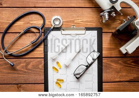 doctor workplace at wooden table with microscope in lab top view no one