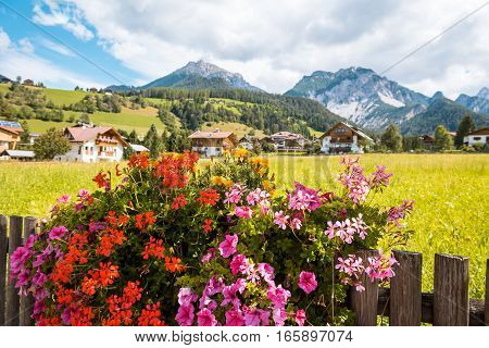 summer village in Val Gardena South Tirol, Dolomites mountains, Italy