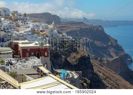 OIA, SANTORINI, GREECE - 13 August , 2016: View on caldera of Santorini island from Oia village at Santorini island
