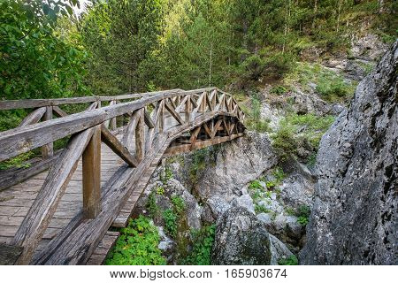 Wooden bridge over a river in the mountains of Olympus. Prionia Greece