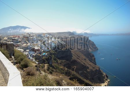 Santorini Greece - 13 August 2016: View of Fira in Santorini a greek island in Greece at the mediterranean.