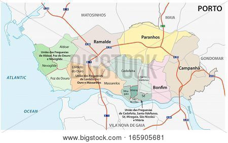 Administrative, political and street map of the Portuguese city of Porto