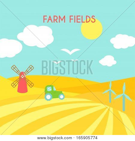 Farm fields landscape. Cartoon green field of sowing. Summer scene with hills and land. Flat argiculture collection.
