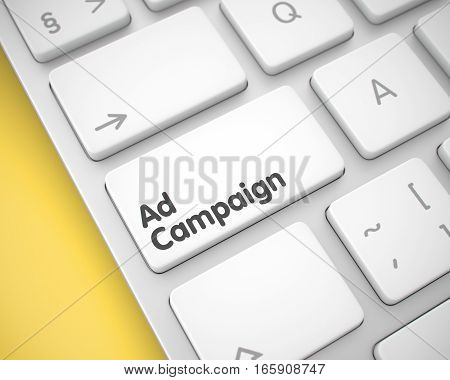 Online Service Concept with Slim Aluminum Enter White Keypad on Keyboard: Ad Campaign. White Keyboard Button Showing the Text Ad Campaign. Message on Keyboard White Key. 3D.