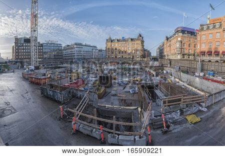 COPENHAGEN DENMARK - DECEMBER 23 2016: Town Hall Square metro construction site of the new subway in the center of Copenhagen.
