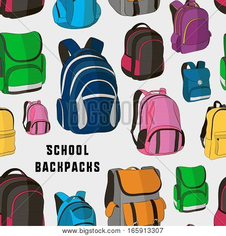 Colored school backpacks set pattern. Education and study back to school, schoolbag luggage, rucksack vector illustration