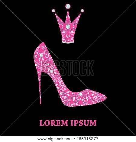 glamour design elements of magenta shoe and crown with abstract floral decor. template for little princess glamour girl and woman. can use for birthday card wedding invitations. vector illustration.
