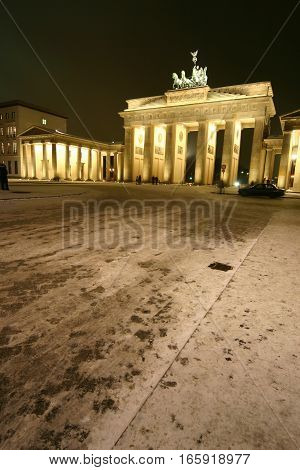 Brandenburg Gate, Berlin, Germany. Wide angle view of the iconic German landmark in the snow.