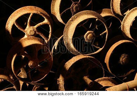 Full frame abstract texture of rusted train wheels.