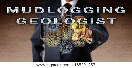 Recruitment agent in blue business suit touching MUDLOGGING GEOLOGIST on an interactive virtual computer monitor. Oil and gas industry career concept for an analytical role monitoring drilling data.