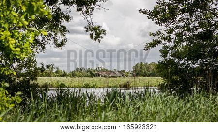 A rural view of the typical Dutch flat terrain with marshes and flood plains.