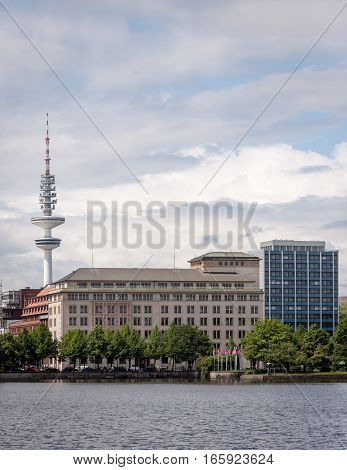A view across the Alster Lake Hamburg with a view across the city including the iconic radio tower in the background.