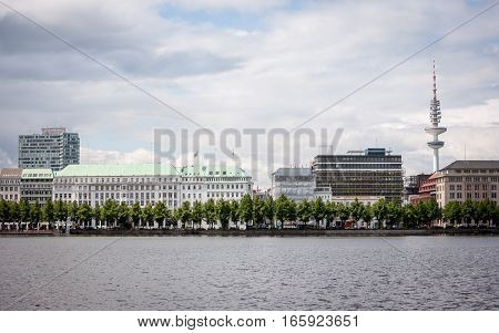 A view across the Alster Lake Hamburg with a view across the city including the iconic radio tower in the background.