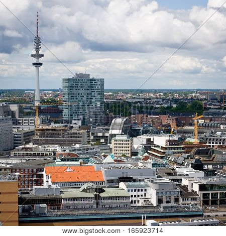A view across the German city of Hamburg with the radio tower visible in the distance.