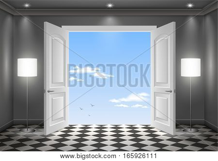 Open door in the sky. The interior of the dark room. Vector graphics