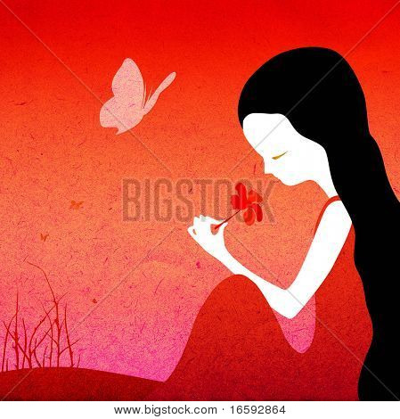 Grunge Fantasie Illustration, kleines Mädchen riechen eine Blume