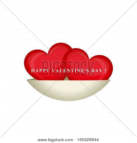 Happy Valentine's day. Two red hearts isolatedon a saucer. Creative design. Vector illustration