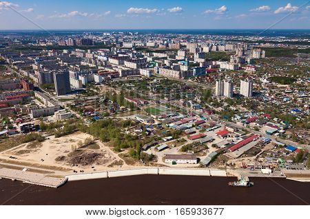 Surgut city Russian center of oil industry aerial view