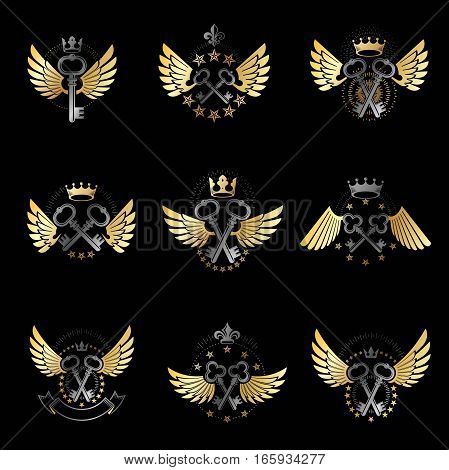 Old Turnkey Keys Emblems Set. Heraldic Vector Design Elements Collection. Retro Style Label, Heraldr